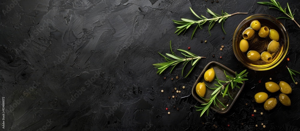 Poster top view of olive oil olives and rosemary sprigs arranged on a black background with empty space for