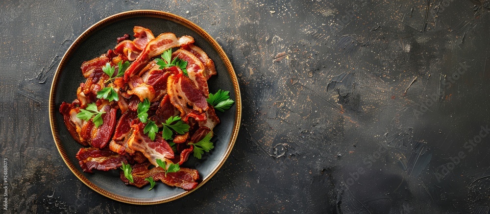 Poster Top view of a plate with crispy bacon slices on a textured dark surface offering ample copy space image