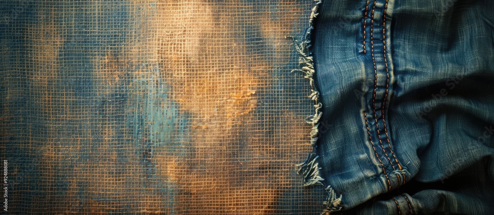 Poster old canvas background with a blue jeans border and copy space image