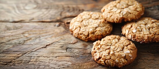 Fototapeta premium Oat cookies displayed on a rustic wooden table with space for copy in the image