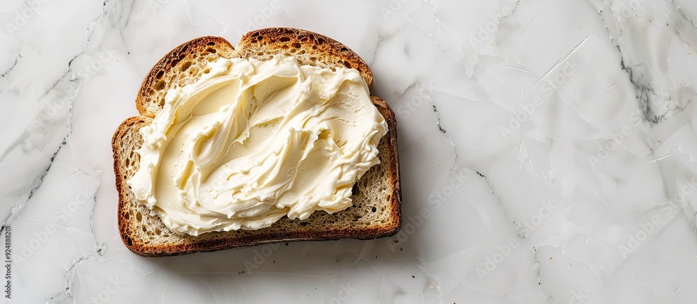 Poster Top down view of a slice of bread spread with delicious cream cheese on a white marble surface with room for text in the image s background. Creative banner. Copyspace image