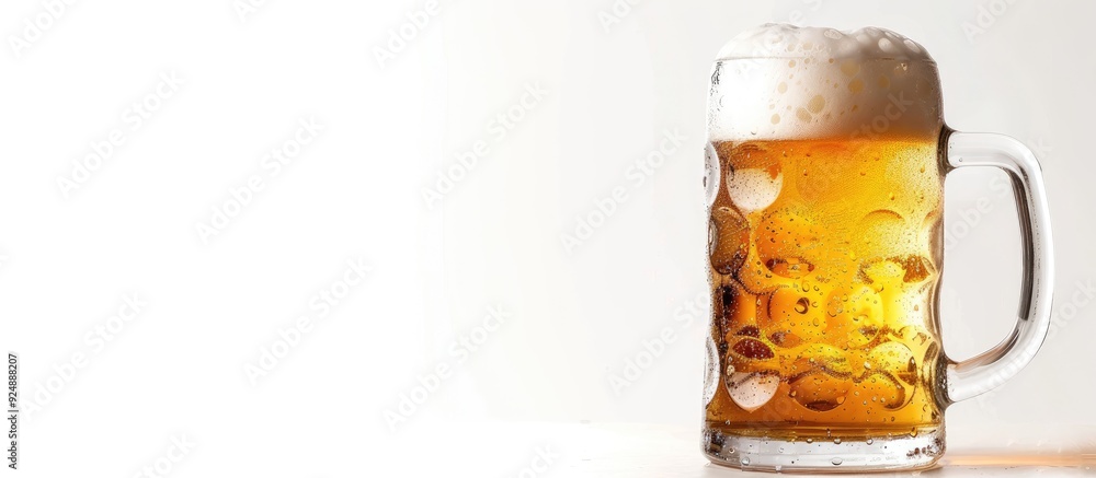 Poster white foam tops a cold beer in a mug against a white background with copy space image
