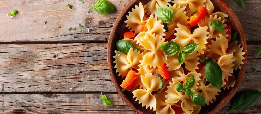 Aufkleber farfalle pasta with veggies on wooden surface viewed from above with room for text or image. creativ