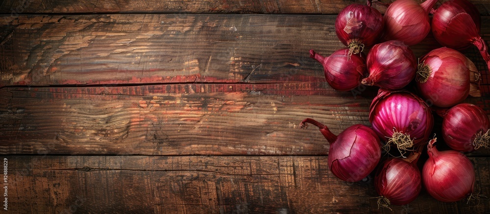 Poster rustic wood background with red onions offering copy space image