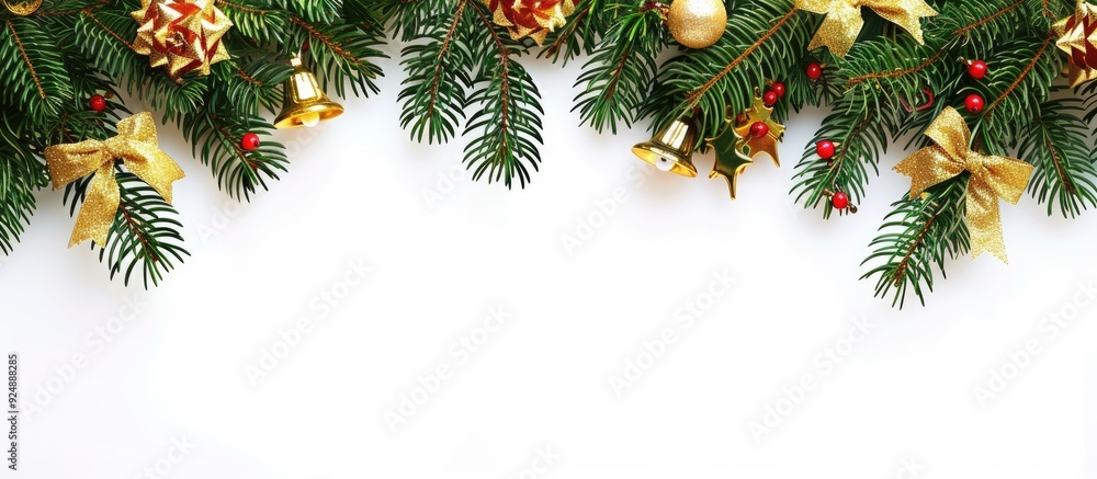 Poster festive christmas border with fir branches golden bows and bells on a white backdrop ideal for a cop