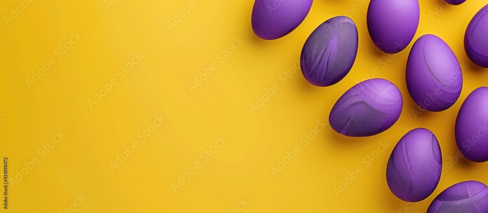 Aufkleber top down perspective showing purple easter eggs against a yellow backdrop with ample space for addit