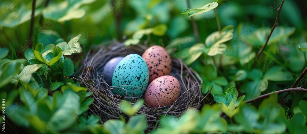 Leinwandbilder easter themed setting depicting colorful eggs nestled in a nest on a lush green background suitable 