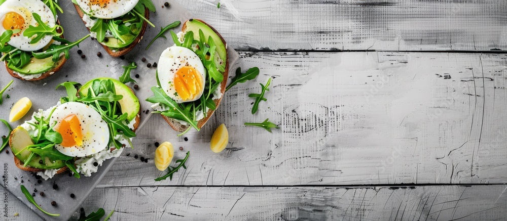 Poster sandwiches with avocado arugula boiled eggs mozzarella cheese on toast on gray wood background with 