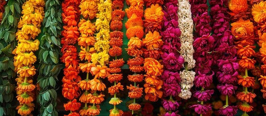 Flower garlands at the Bangalore flower market make a colorful display against a vibrant backdrop ideal for a copy space image