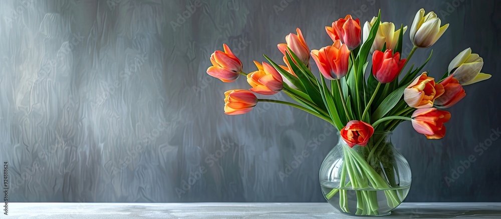 Poster Tulips in a vase on a table with a clean copy space image