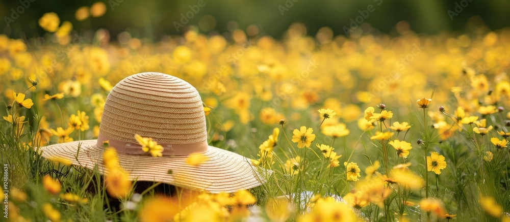 Poster during springtime a sun hat is placed in a field of vibrant yellow flowers creating a scenic copy sp