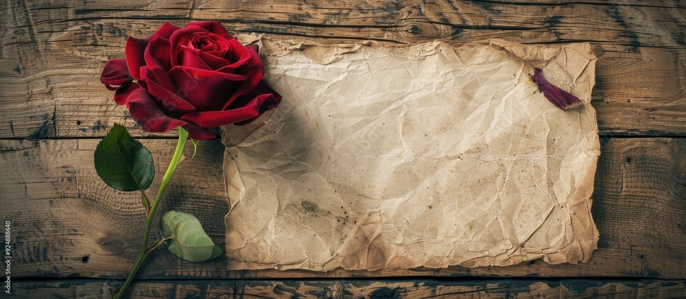 Leinwandbilder vintage note paper with a red rose on a wooden desk with a grainy texture providing a copy space ima