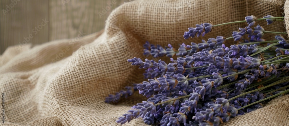 Poster Lavender stems neatly arranged in a sack with copy space image