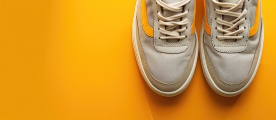 New sneakers for kids or adults displayed on a yellow background from a top view Gray and mustard colored shoes with copy space image on a bright colorful backdrop