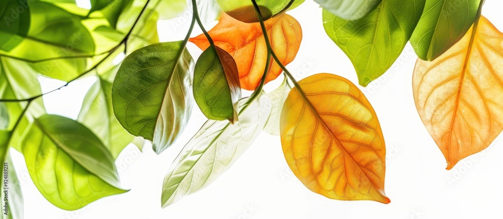 Aufkleber vividly illuminated soft green and orange leaves texture isolated on a white background with intenti