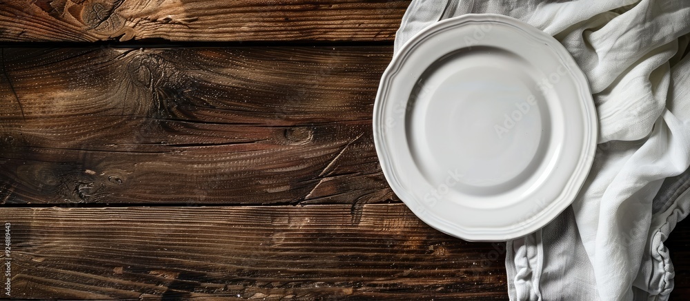 Poster Wooden table background with an empty white plate and napkin providing a clean and classic copy space image