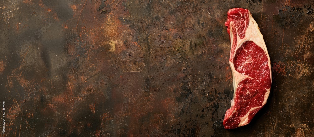 Poster Top view of a raw ribeye beef steak displayed on a textured brown concrete surface in a flat lay composition with copy space image