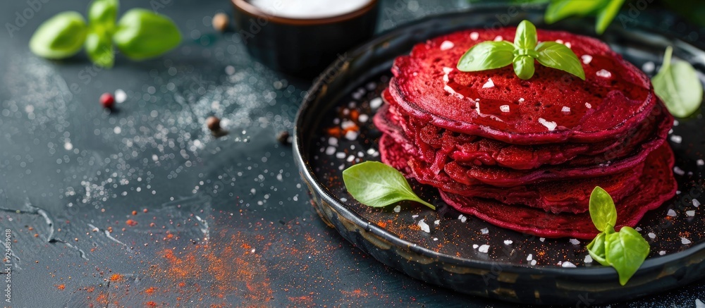 Poster nutritious beetroot pancakes with copy space image