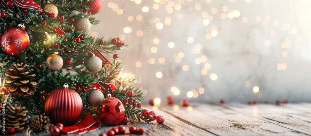 Poster festive christmas backdrop with a decorated tree and ornaments against a copy space image