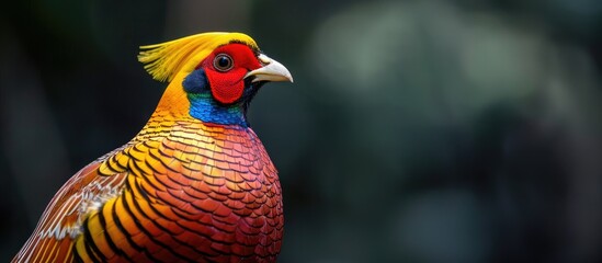 Fototapeta premium A striking golden pheasant stands out against a dark backdrop providing ample copy space in the image