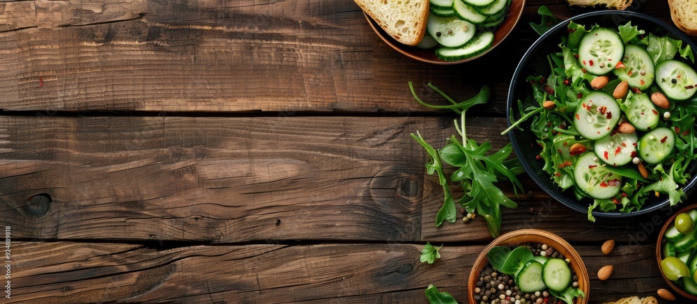 Aufkleber Table set with a tasty cucumber salad and crisped bread on wooden surface with room for adding text to the copy space image
