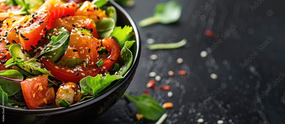 Poster japanese salad displayed on a black background with copy space image