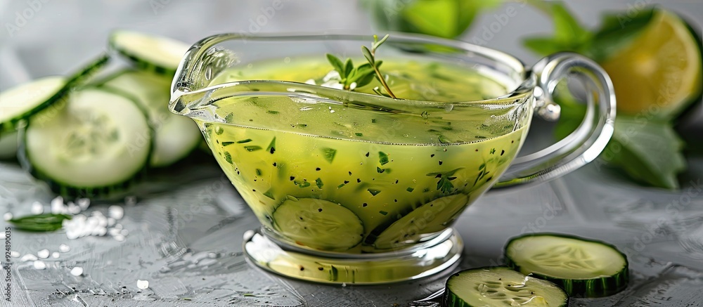 Leinwandbilder a glass gravy boat filled with cucumber sauce displayed on a grey table with a dedicated area for te