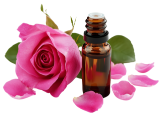 rose essential oil with flowers isolated on white background