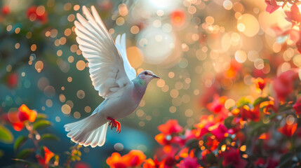 A white dove with outstretched wings flies through a garden of red flowers, bathed in golden sunlight