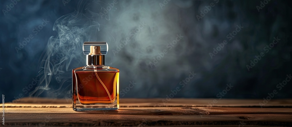 Poster perfume bottle displayed on a wooden surface against a black backdrop with copy space image