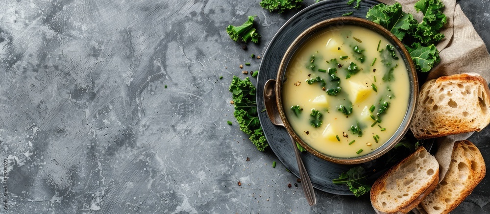 Poster homemade kale cream soup with potatoes bread on gray background with copy space image a healthy dish
