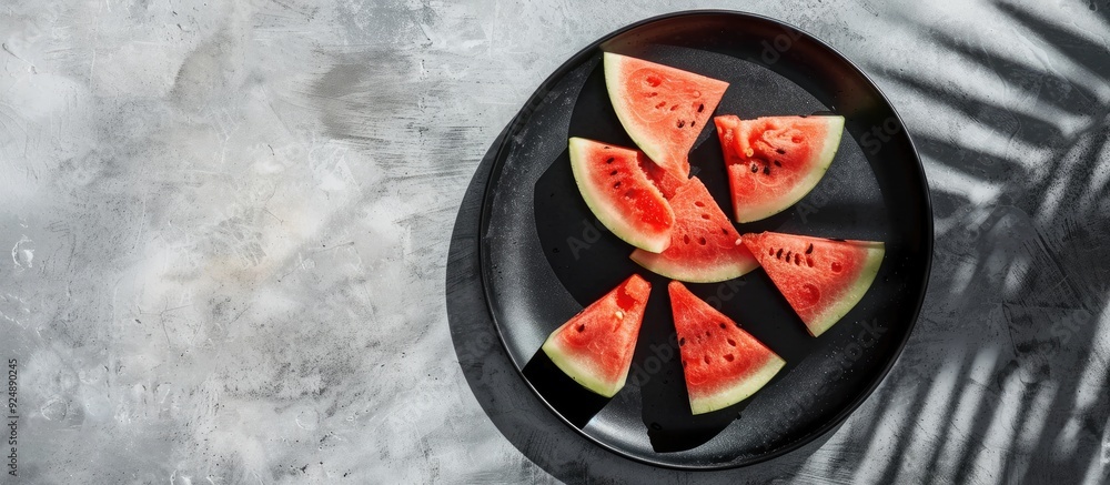 Poster Top view of watermelon slices on a black plate against a concrete surface with shadows cast by the summer sun Includes copy space image
