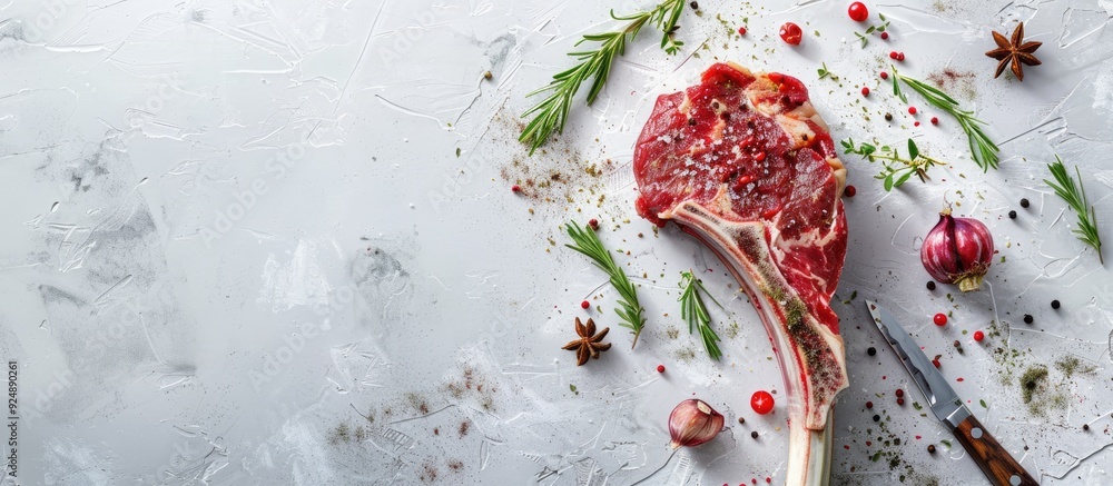 Aufkleber Top view of a raw tomahawk steak with spices and herbs on a white stone background ideal for cooking with the possibility of adding text with a copy space image