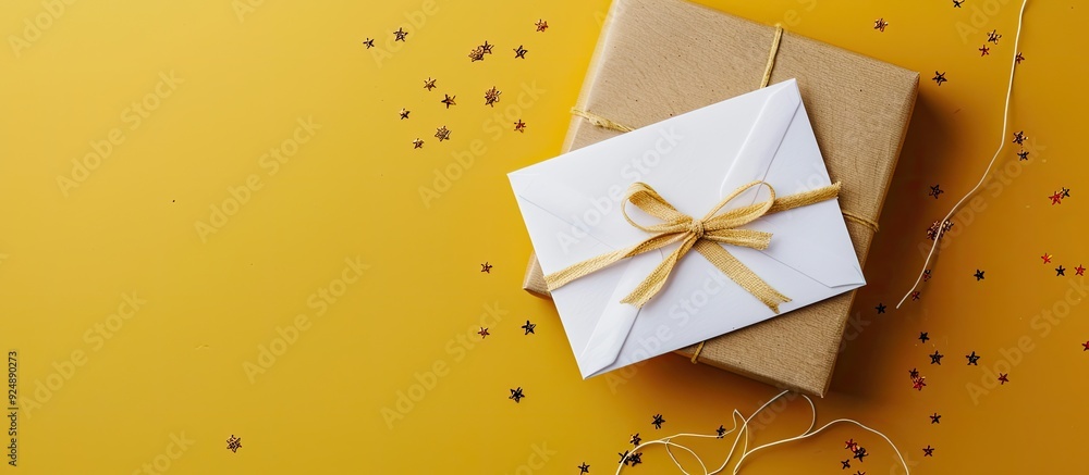 Poster Gift box envelope and white sheets are elegantly displayed on a yellow backdrop with plenty of copy space image available