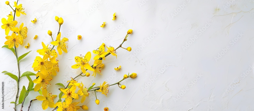 Poster spring themed yellow flowers on a white backdrop highlighting the essence of the season with a copy 