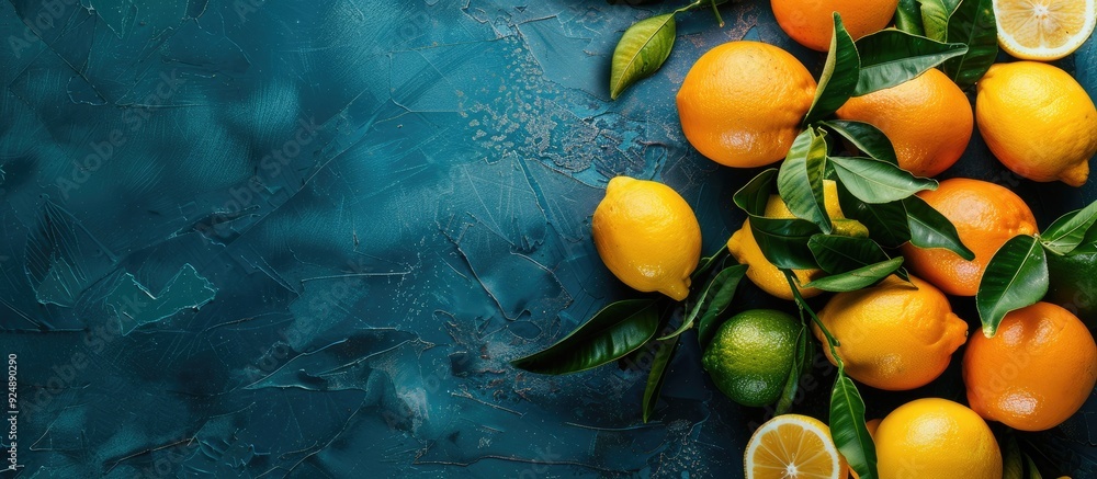 Poster group of ripe citrus fruits including lemons and oranges with green leaves on an old blue background