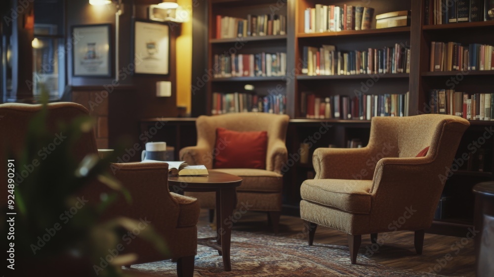 Poster two comfortable armchairs with cushions sit opposite a wooden table in a warm library filled with bo
