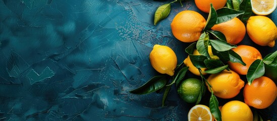 Group of ripe citrus fruits including lemons and oranges with green leaves on an old blue background Representing a harvest and healthy food concept in a vintage style with a top view and copy space i