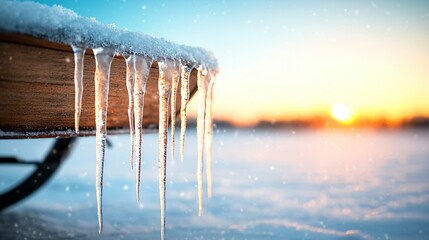 Icicles dripping from a vintage sleigh in a snow covered landscape capturing the essence of an old fashioned Christmas