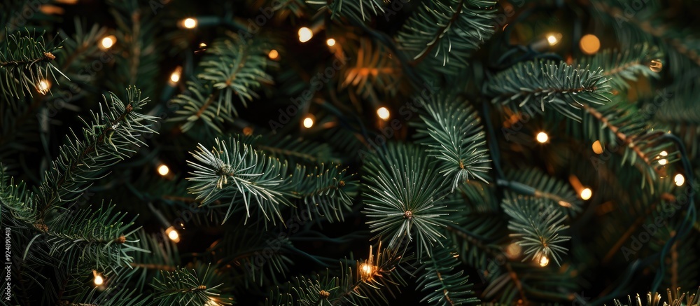 Poster A seamless texture showcasing fir tree branches adorned with lovely Christmas lights and bokeh ideal as a background for holiday design concepts with copy space image