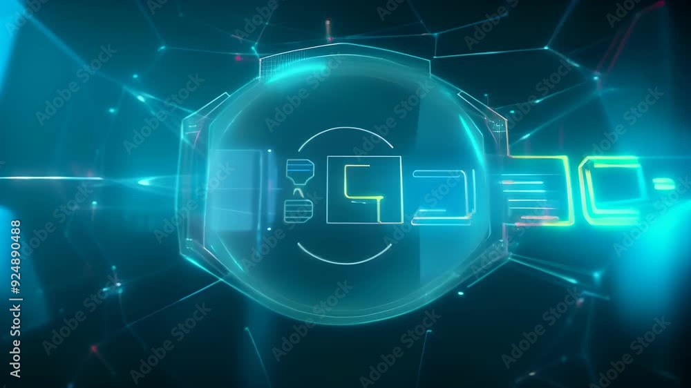 Poster video of futuristic holographic interface with neon blue elements, displaying data and technological