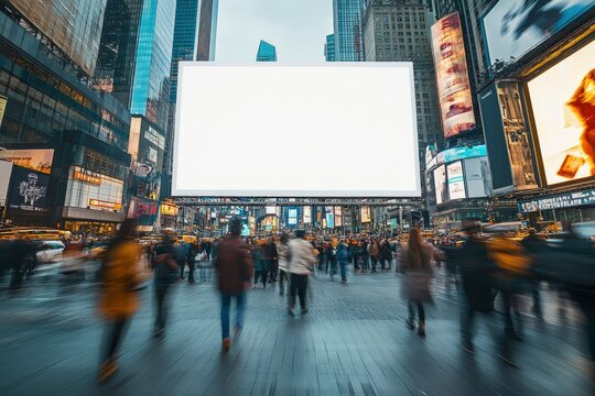 A Blank Billboard in Times Square Surrounded by Buildings and People