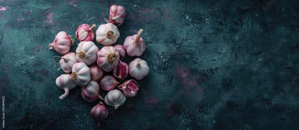 Fototapete garlic viewed from above against a dark backdrop with ample copy space image