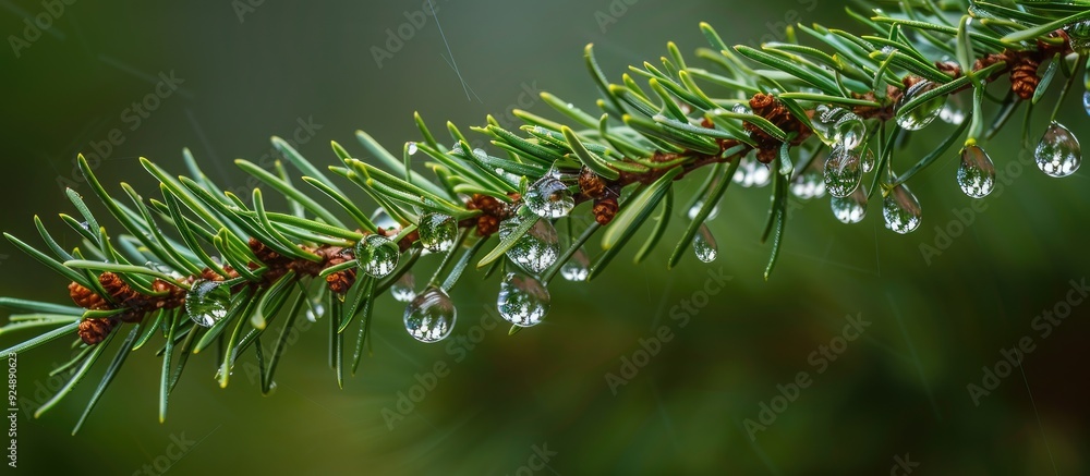 Poster A pine branch adorned with dew droplets offering a blank area for additional content in the image