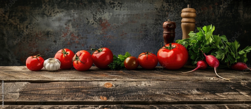 Aufkleber Vegetables fresh for cooking displayed on a rustic wooden table in a copy space image
