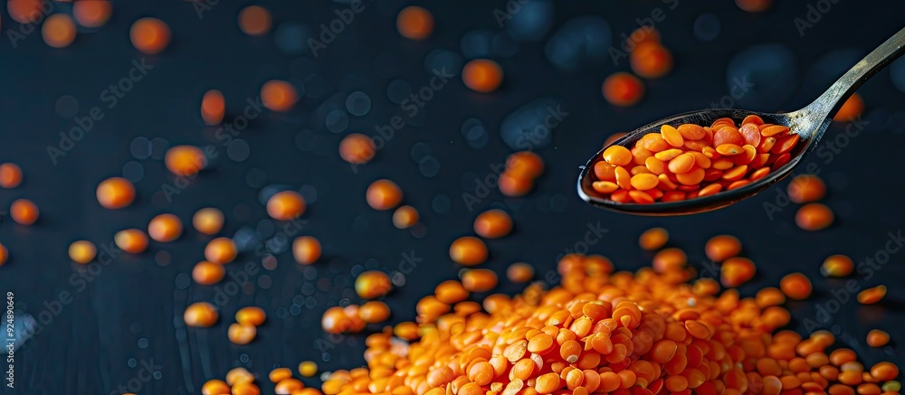 Aufkleber red lentils on a spoon with a dark background providing a perfect copy space image