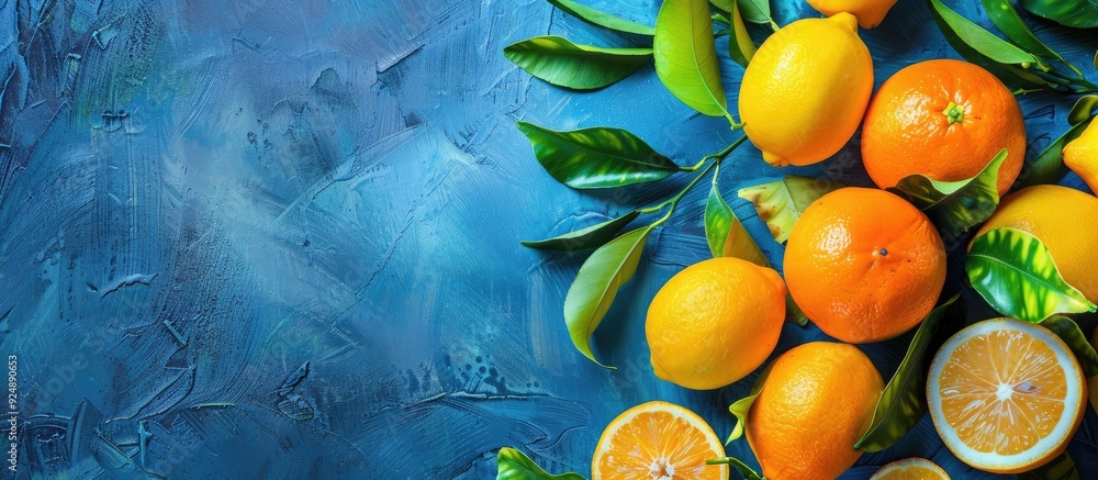 Poster group of ripe citrus fruits including lemons and oranges with green leaves on an old blue background