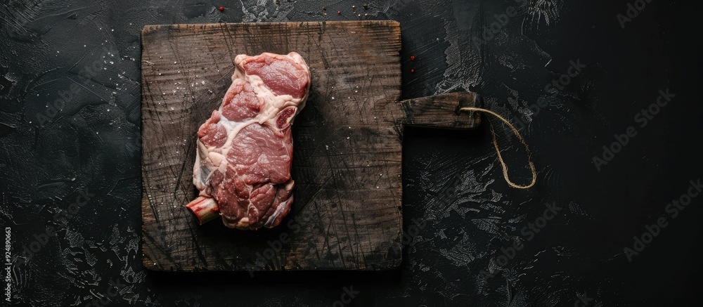 Leinwandbilder copy space image of a raw pork knuckle or hoof on a cutting board with feet set against a black back