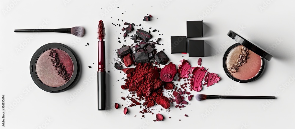 Poster top view copy space image of an eyeshadow palette rouge powder brushes and lipstick arranged on a wh