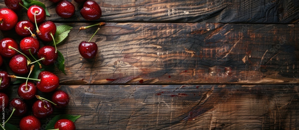 Poster top view of fresh ripe cherries arranged on a rustic wooden surface with copy space image available